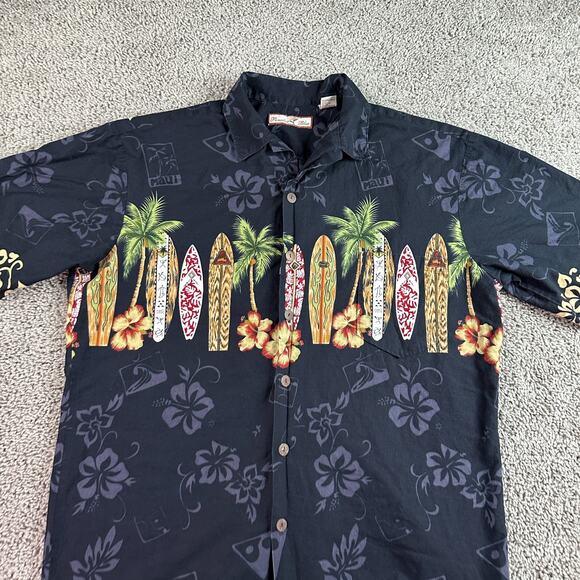 Paradise Blue Hawaiian Shirt Large Black Surf Boards Wrap Around Button Up - Picture 3 of 9